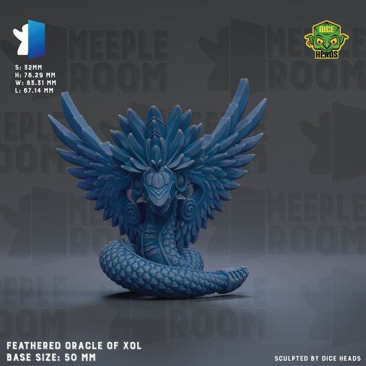 a detailed sculpture of a blue oracle-like creature with wings, sitting on a base. The sculpture is described as a "FEATURED ORACLE OF XL BASE SIZE: 50mm".