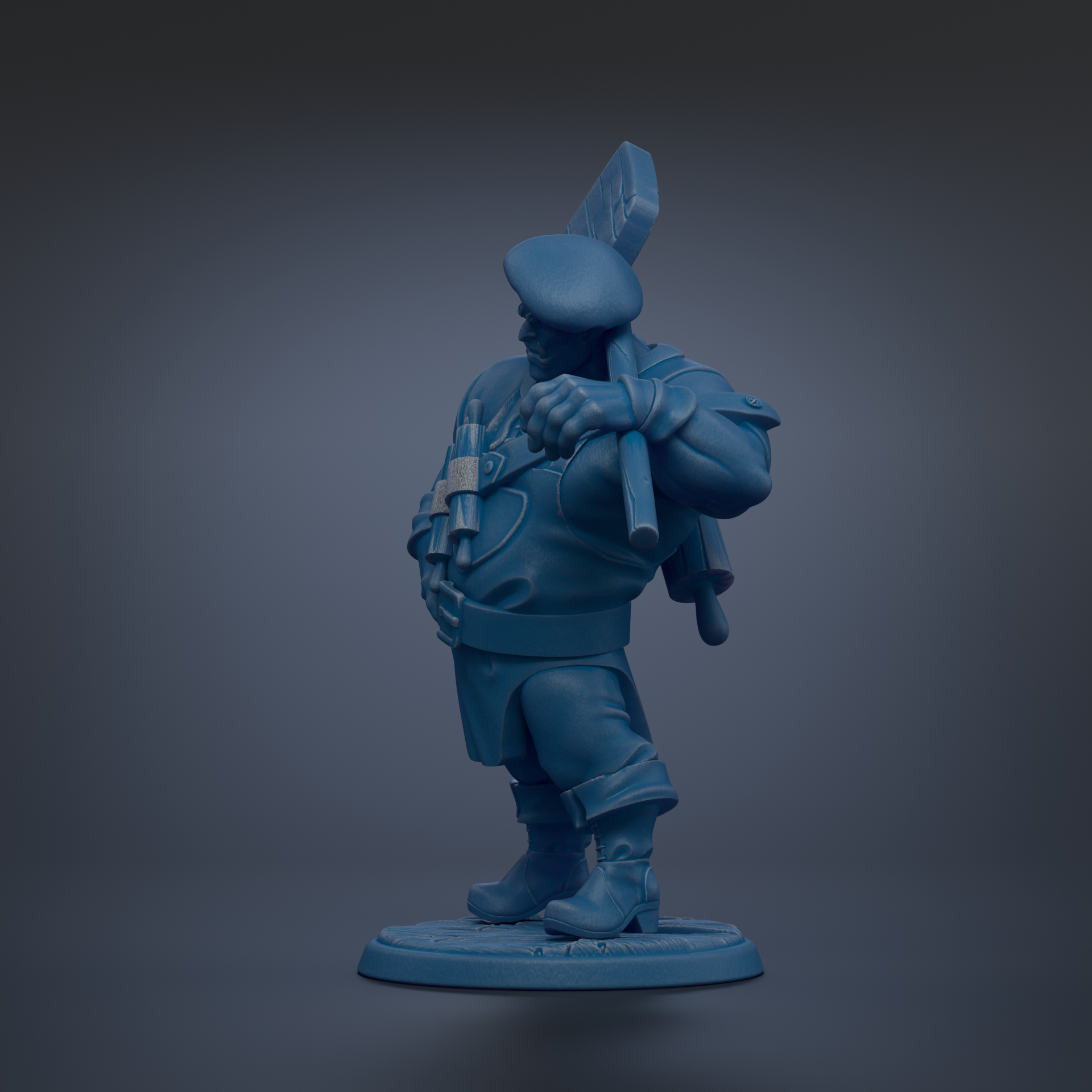 A blue figurine of a person standing upright and holding a sword in their right hand.