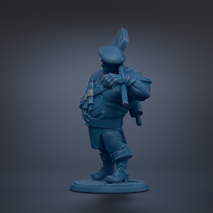 A blue figurine of a person standing upright and holding a sword in their right hand.