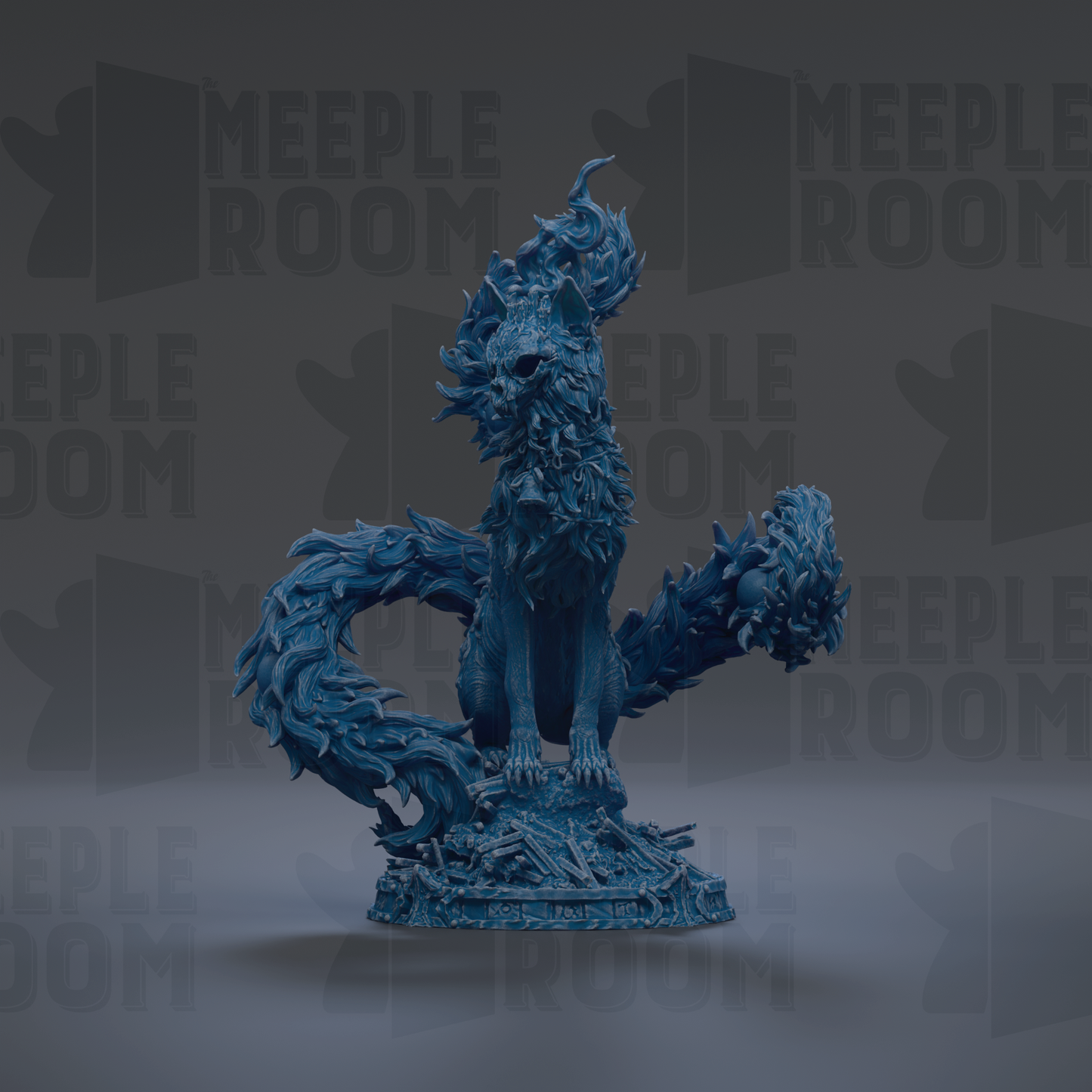 A blue, fantastical creature resembling a dragon or mythical being, with intricate details and flowing, wavy features, is the central focus of the image.