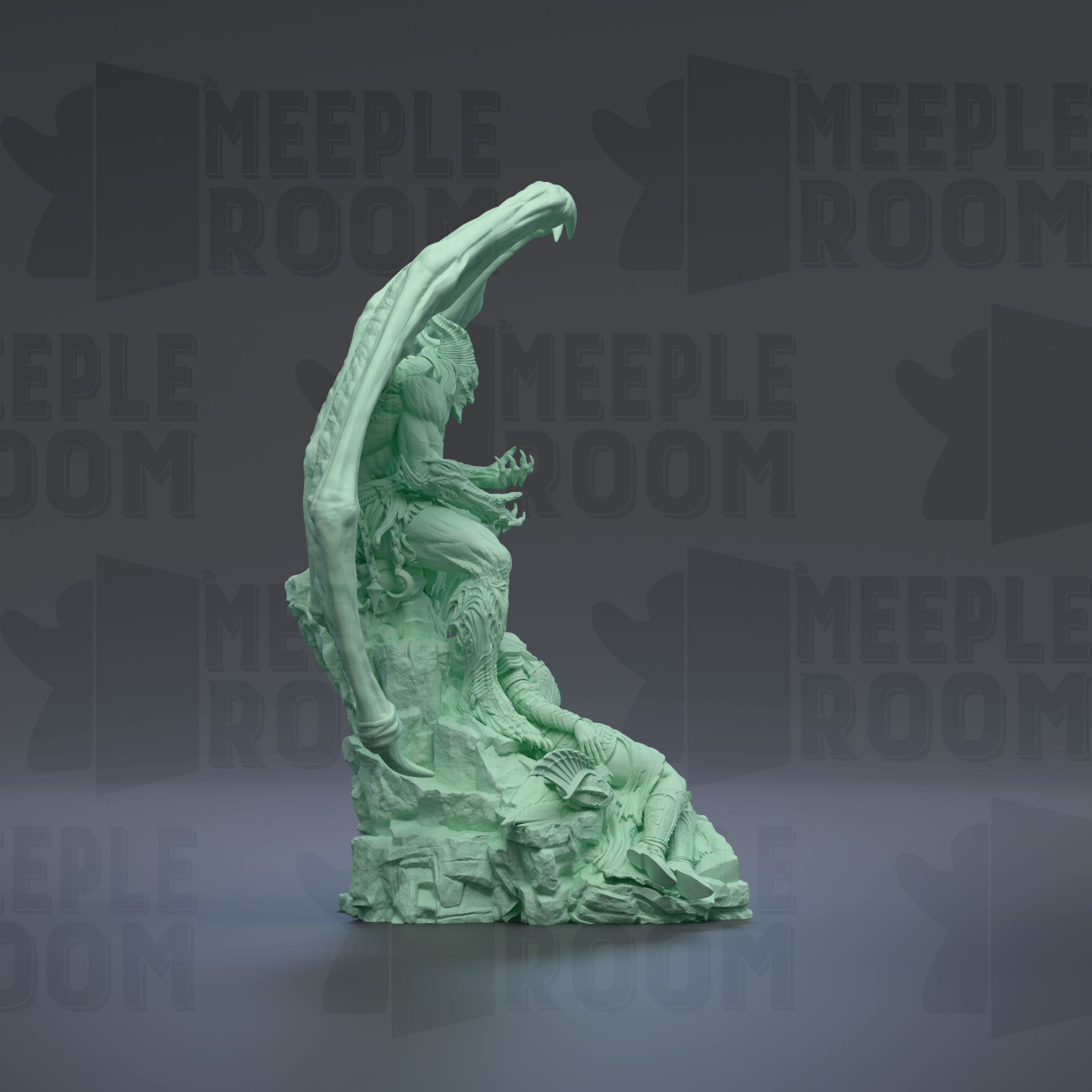 A green, 3D-rendered statue of a human figure with an extended arm, standing on a rock formation.