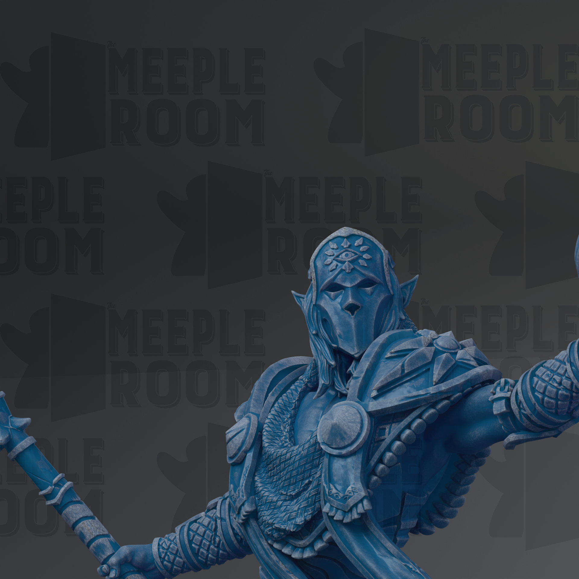 A blue statue of a warrior figure with a helmet and armor, standing in front of a repeating pattern of the word "MEIPLE ROOM".