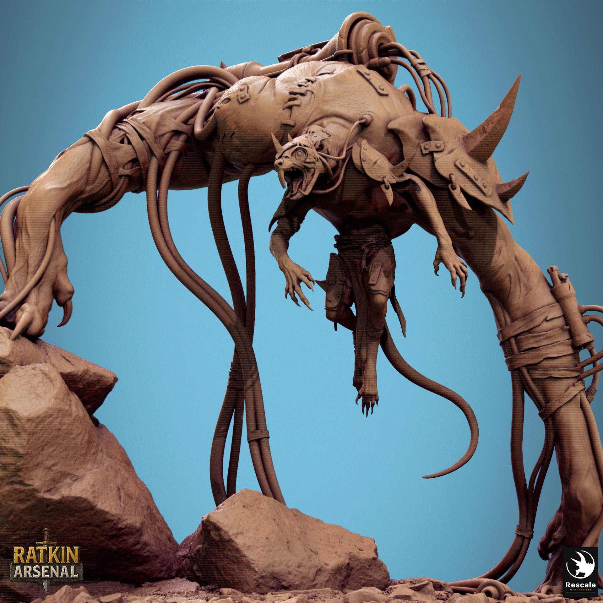 a large, intricate, and imposing robotic creature with a long, flexible body and sharp teeth, standing on a rocky surface.