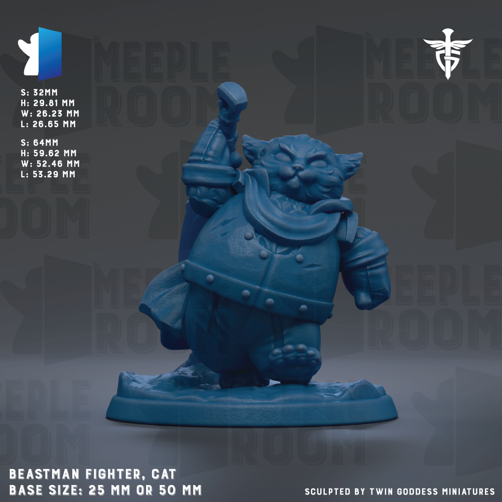 A blue figurine of a cat-like creature, possibly a monster or a fighter, standing on a base and holding a weapon. The figurine is described as a "BEASTMAN FIGHTER, CAT" and has a base size of 25mm or 50mm. The image is a collage of multiple images, and the phrase "SCULPTED BY TWIN GODESS MINiatures" is mentioned at the bottom.