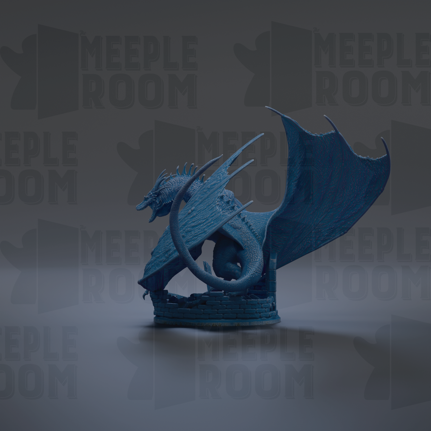 A blue dragon figurine with outstretched wings is the central focus of the image.
