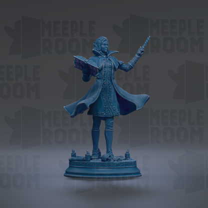 A blue statue of a person holding a book and a staff, standing on a pedestal.