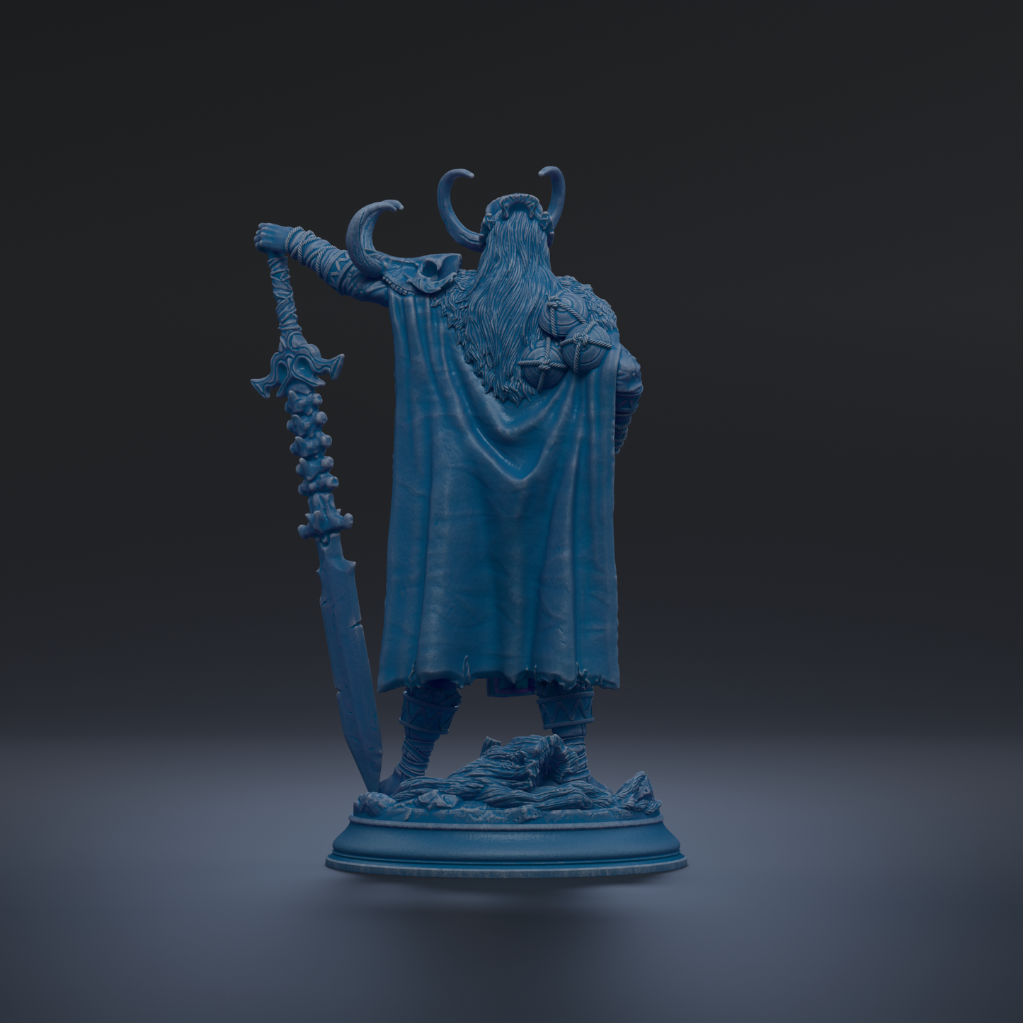 A blue statue of a warrior figure holding a sword and shield, standing on a pedestal against a dark background.