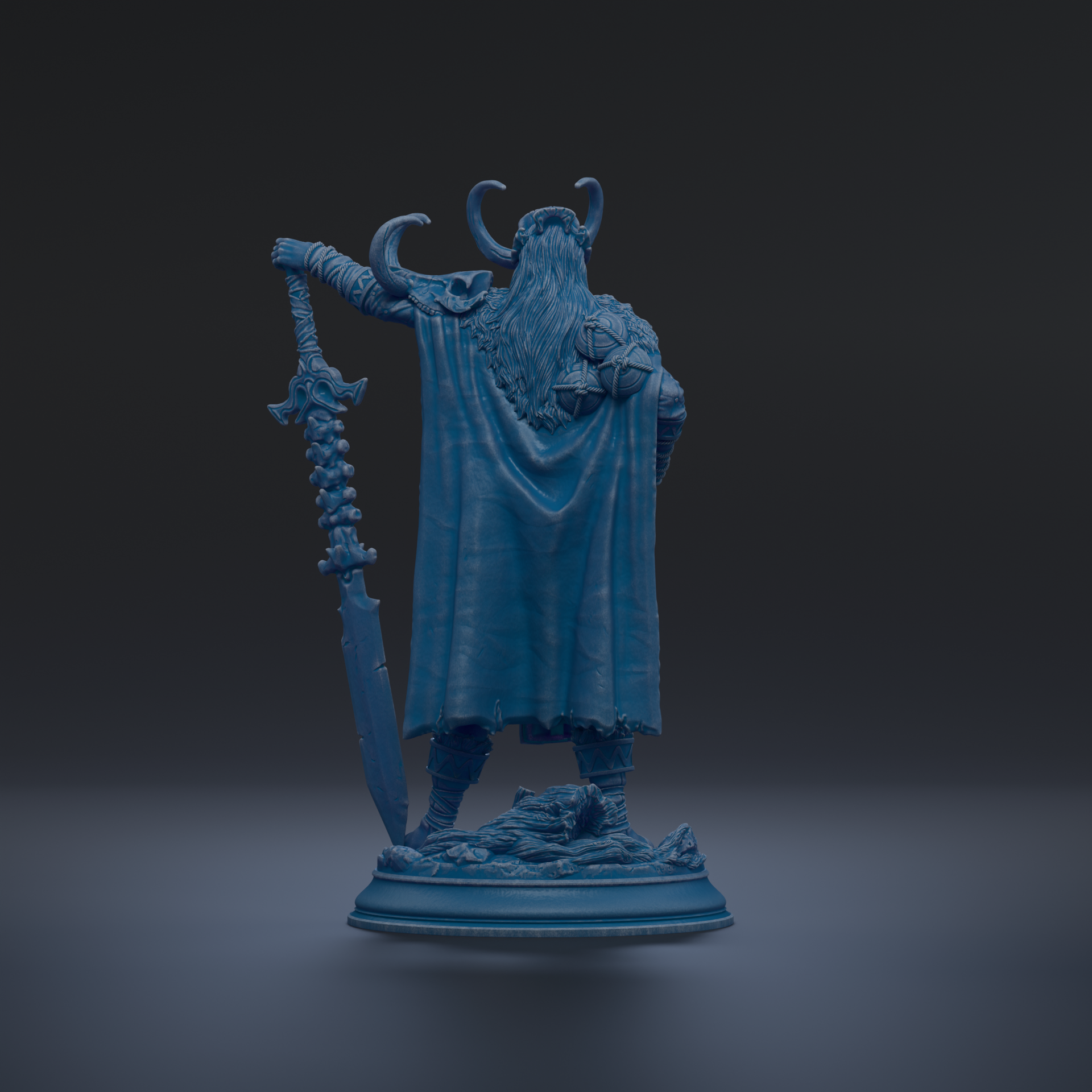 A blue statue of a warrior figure holding a sword and shield, standing on a pedestal against a dark background.