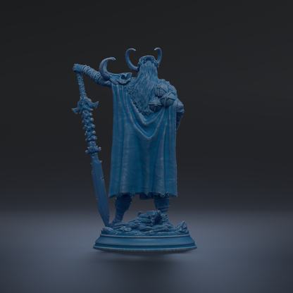 A blue statue of a warrior figure holding a sword and shield, standing on a pedestal against a dark background.