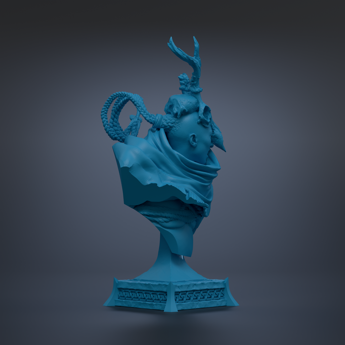 A blue bust sculpture with a large head and a long neck, standing on a pedestal.