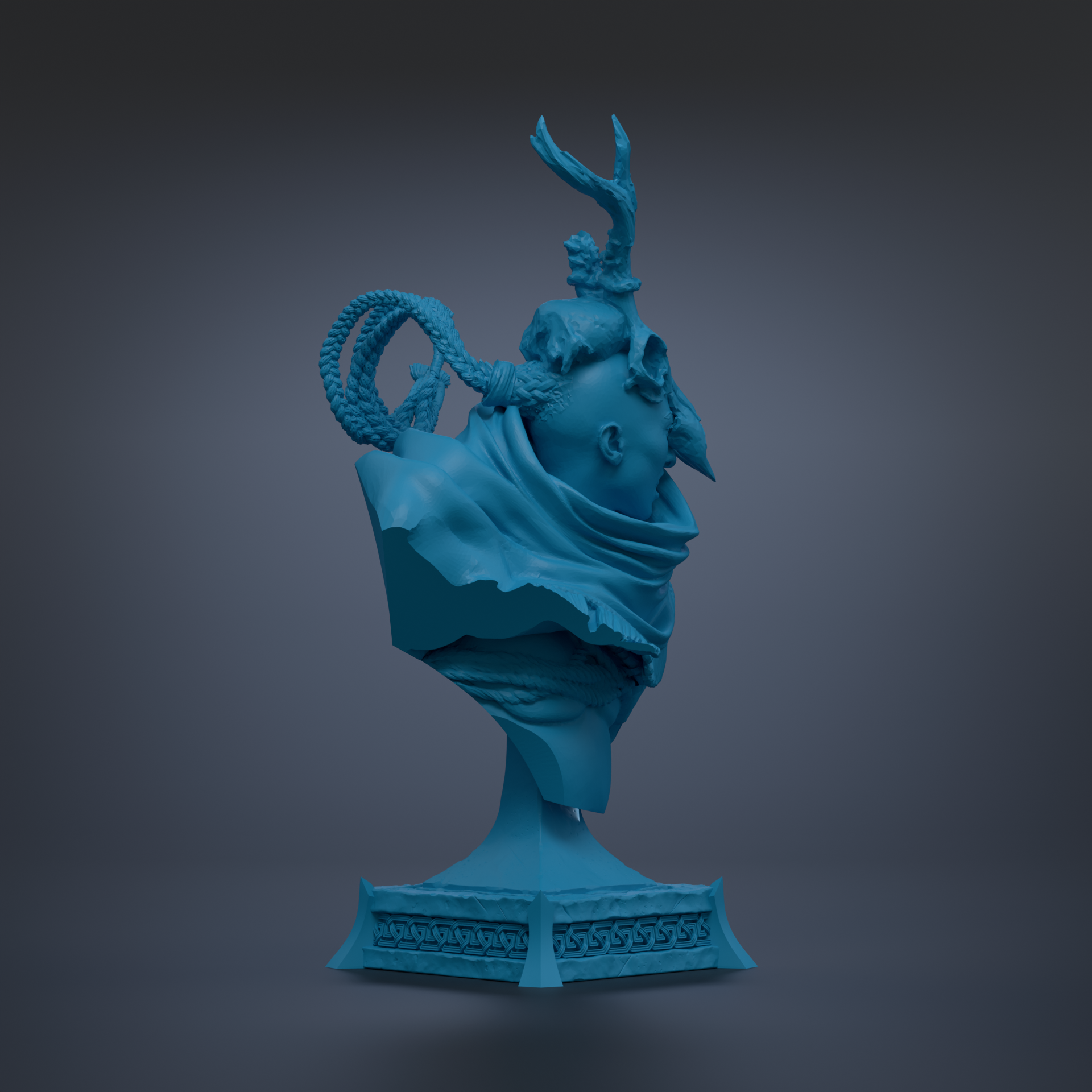 A blue bust sculpture with a large head and a long neck, standing on a pedestal.
