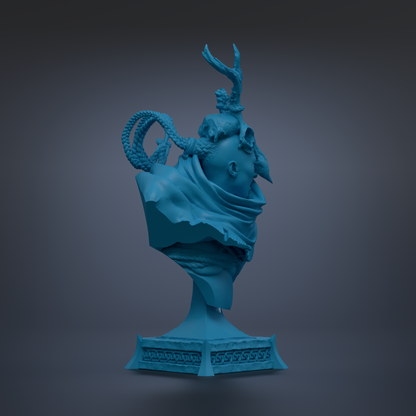 A blue bust sculpture with a large head and a long neck, standing on a pedestal.