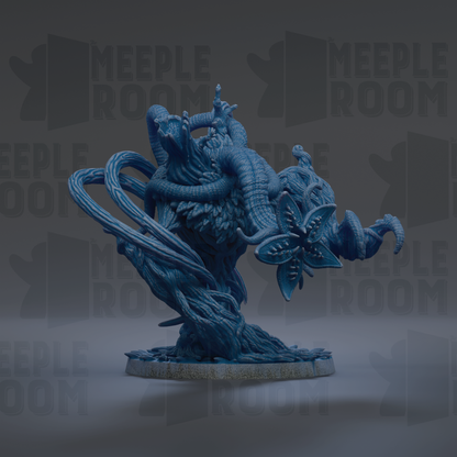 A 3D rendering of a blue, organic-looking creature with intricate, twisted forms and a flower-like shape on its head.