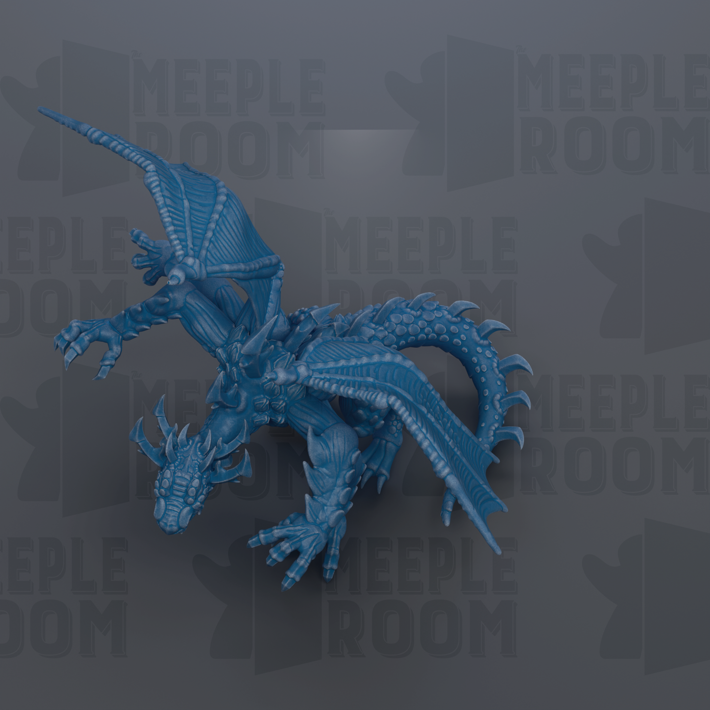 A blue dragon figurine is shown against a dark background with repeated text.