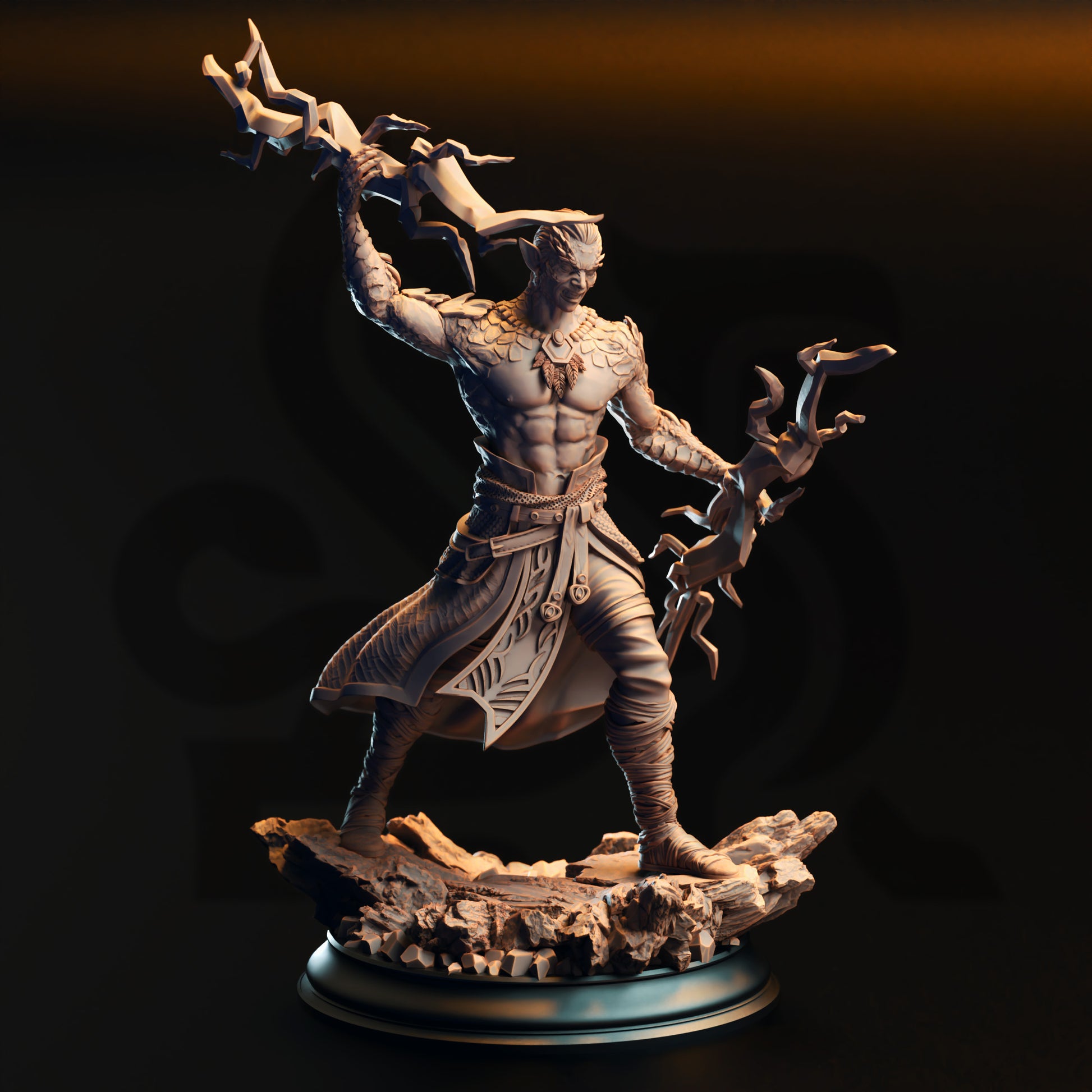 A detailed 3D model of a muscular, armored figure wielding a large weapon, standing on a rocky base.