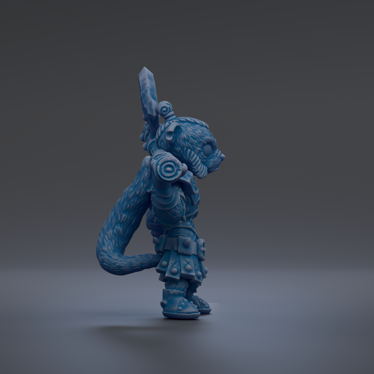 A blue, furry creature with a sword in its hand stands on a gray surface.