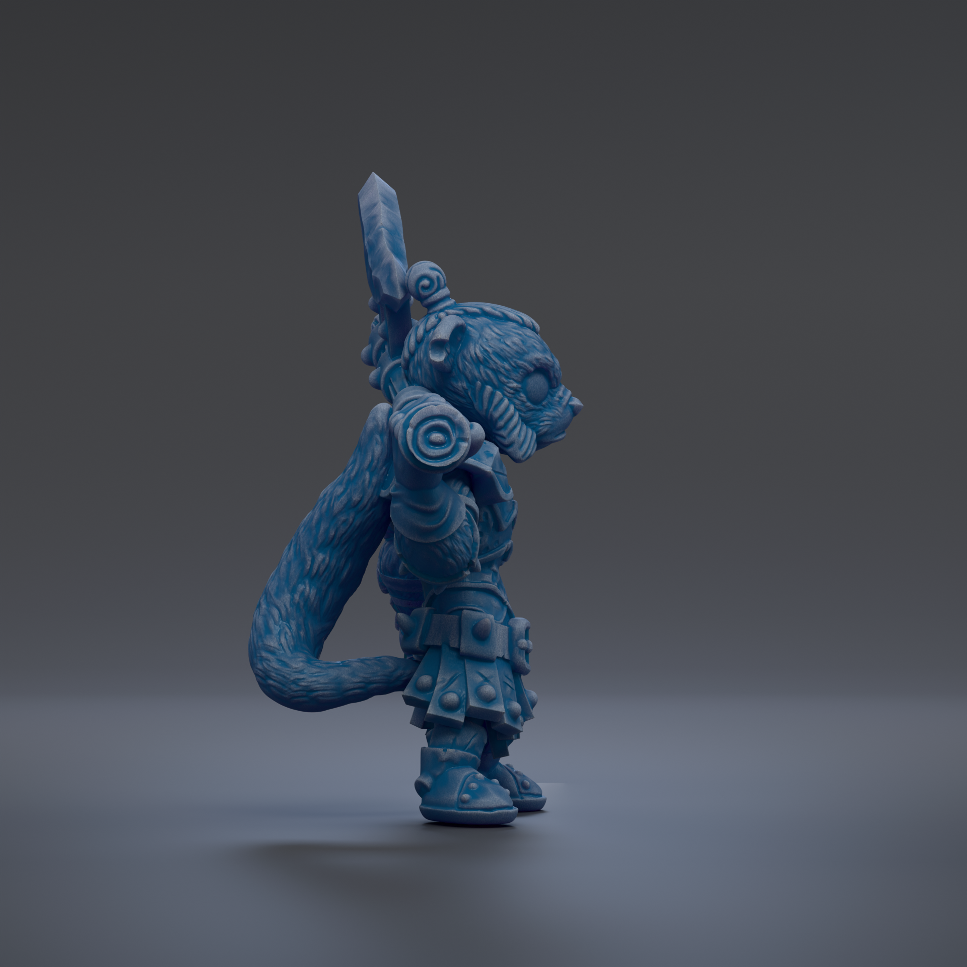 A blue, furry creature with a sword in its hand stands on a gray surface.