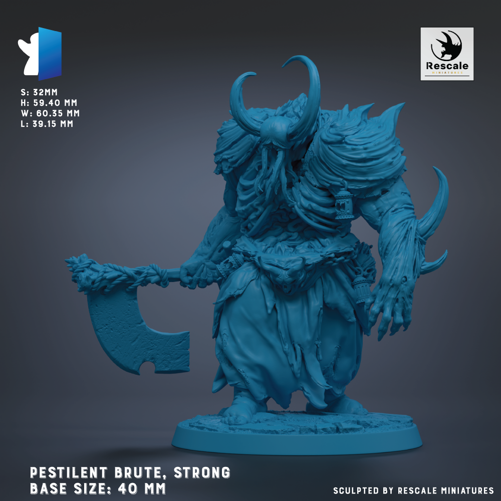 a blue, sculpted figurine of a strong, pestilent creature with horns and a large weapon.