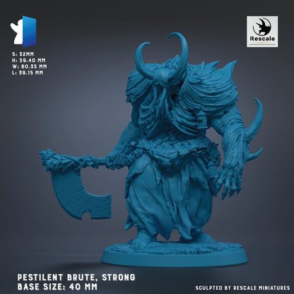 a blue, sculpted figurine of a strong, pestilent creature with horns and a large weapon.