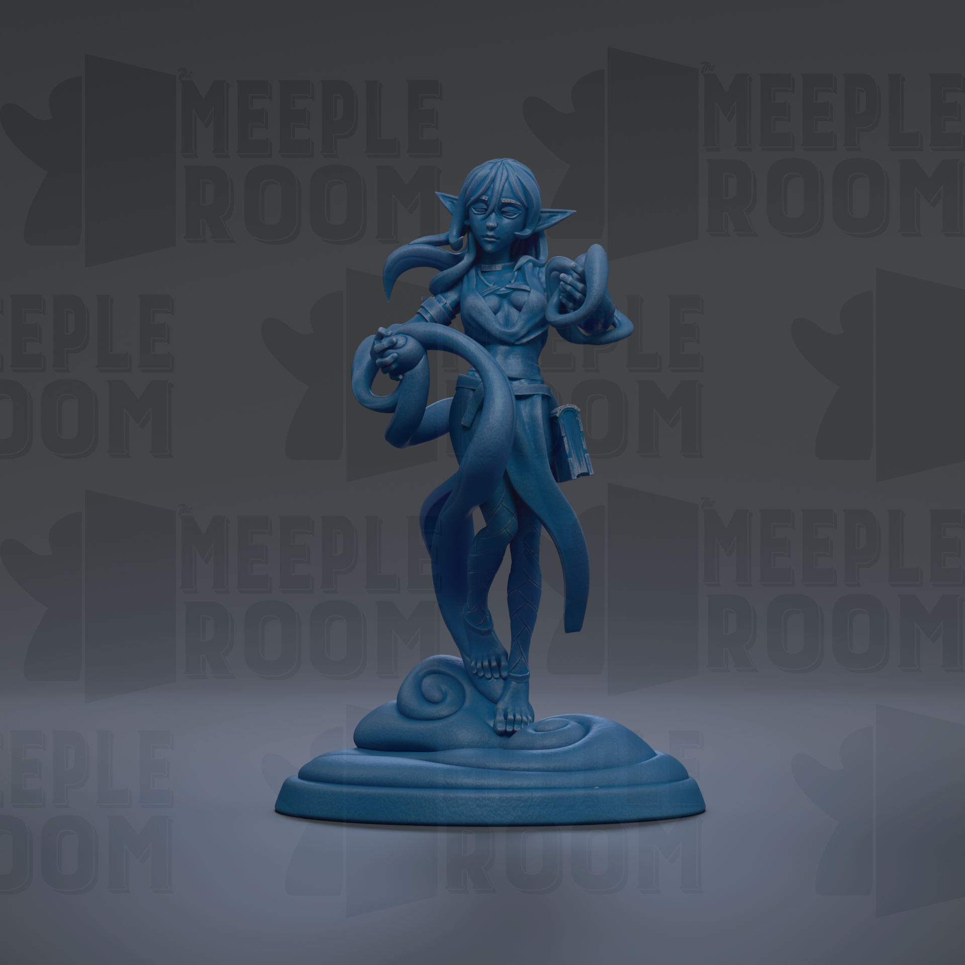 A blue figurine of a female character with long hair and a flowing skirt, standing on a pedestal and holding a scroll.