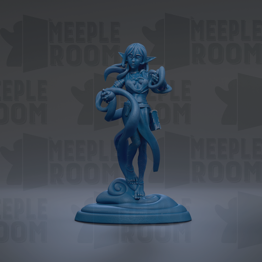 A blue figurine of a female character with long hair and a flowing skirt, standing on a pedestal and holding a scroll.