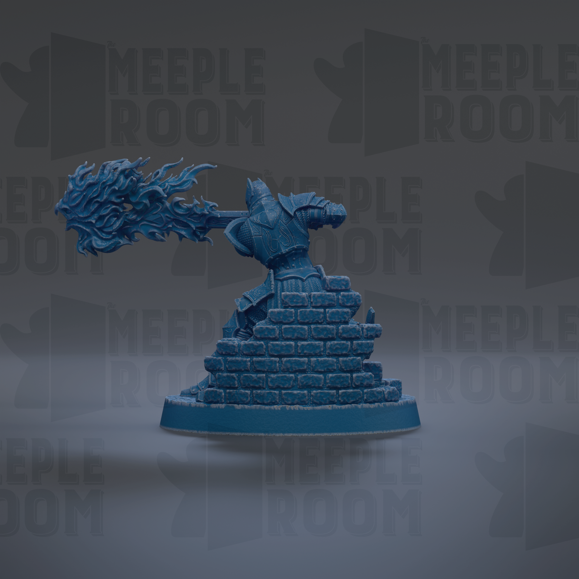 A blue figurine of a warrior wielding a sword and shield stands atop a brick structure, with flames emanating from it.