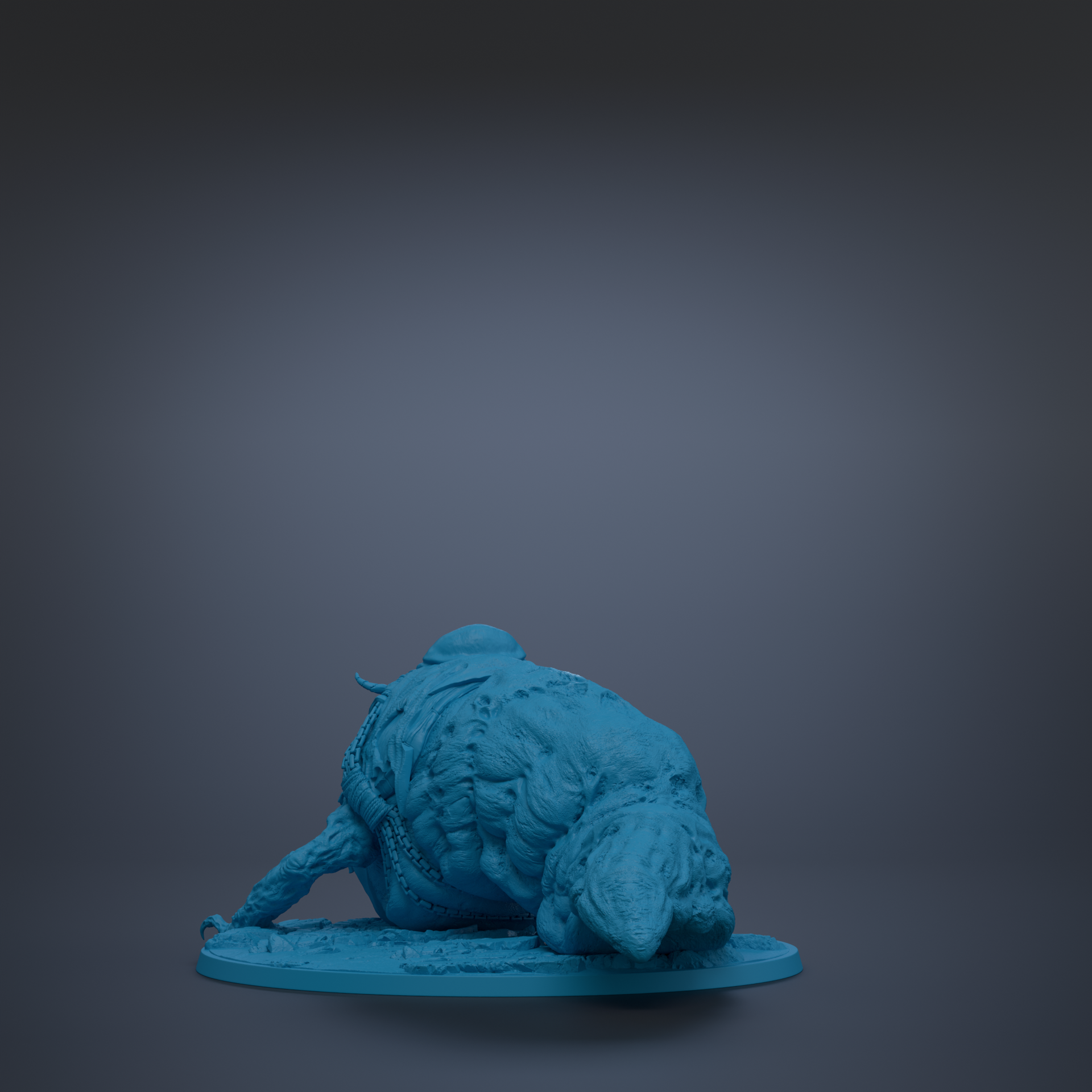 A blue, 3D-rendered statue of a creature with a large head and long neck is shown against a dark background.