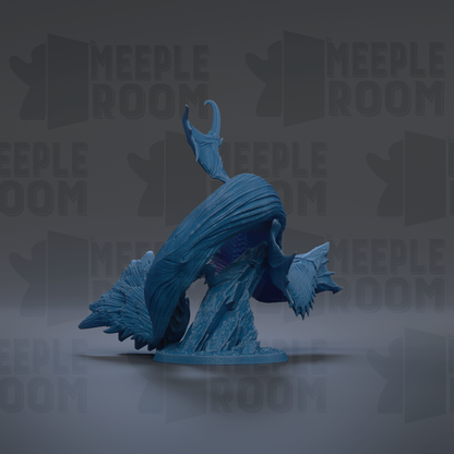 A blue, 3D-rendered dragon figurine is displayed against a dark background with repeated text.