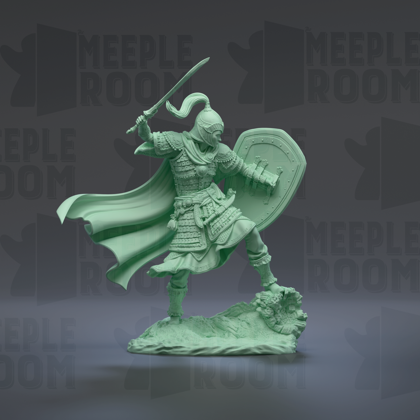 A green figurine of a warrior standing on a rock, holding a shield and sword, with a flowing cape.