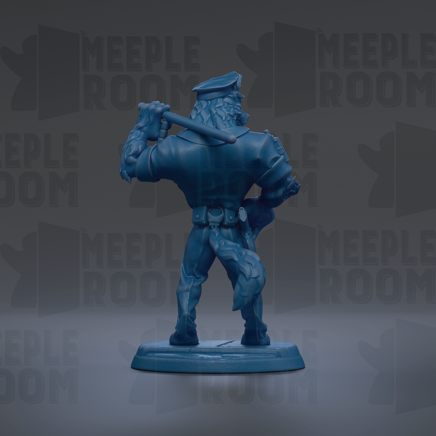 A blue toy figurine of a police officer holding a baton, standing on a base against a dark background with repeated text.