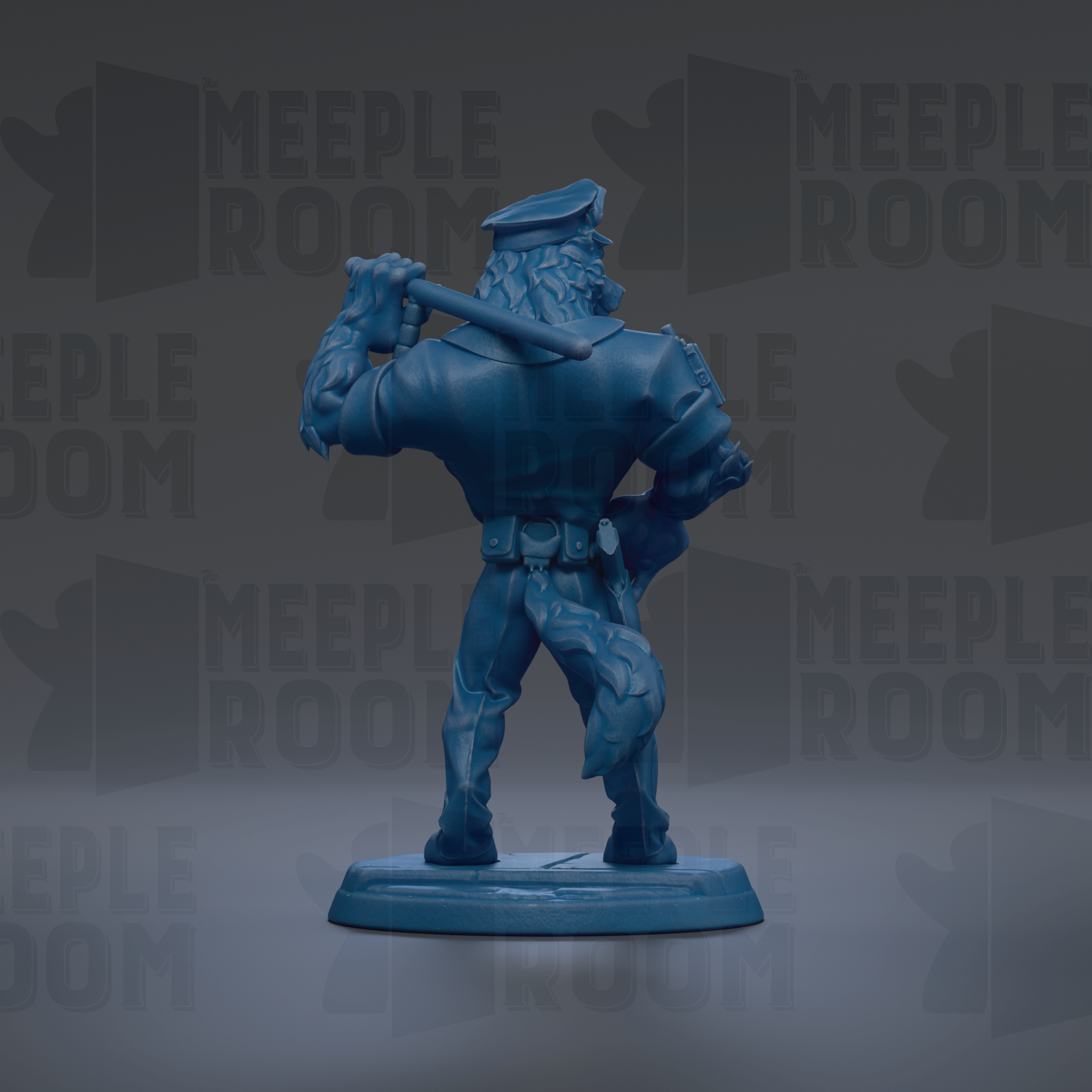 A blue toy figurine of a police officer holding a baton, standing on a base against a dark background with repeated text.