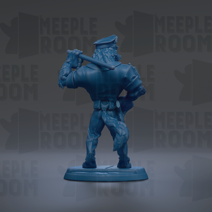 A blue toy figurine of a police officer holding a baton, standing on a base against a dark background with repeated text.