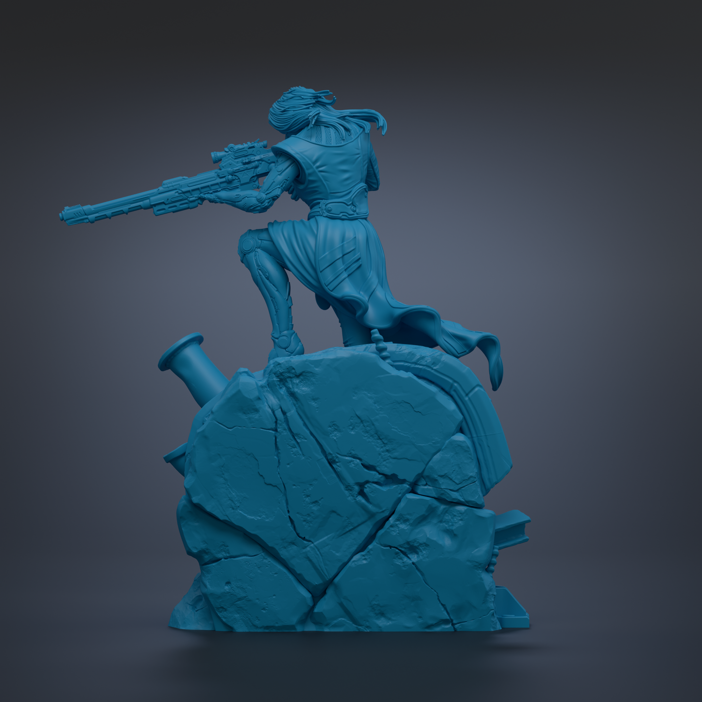 A blue 3D model of a character holding a gun and standing on a rock formation.
