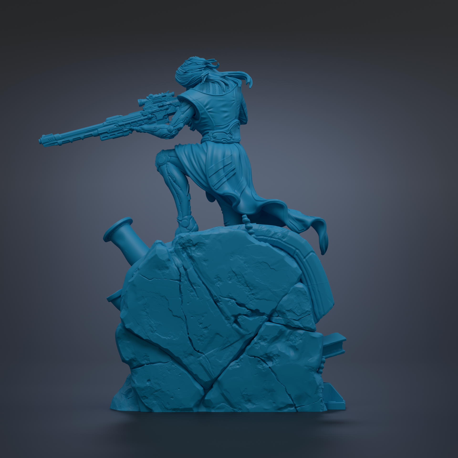 A blue 3D model of a character holding a gun and standing on a rock formation.
