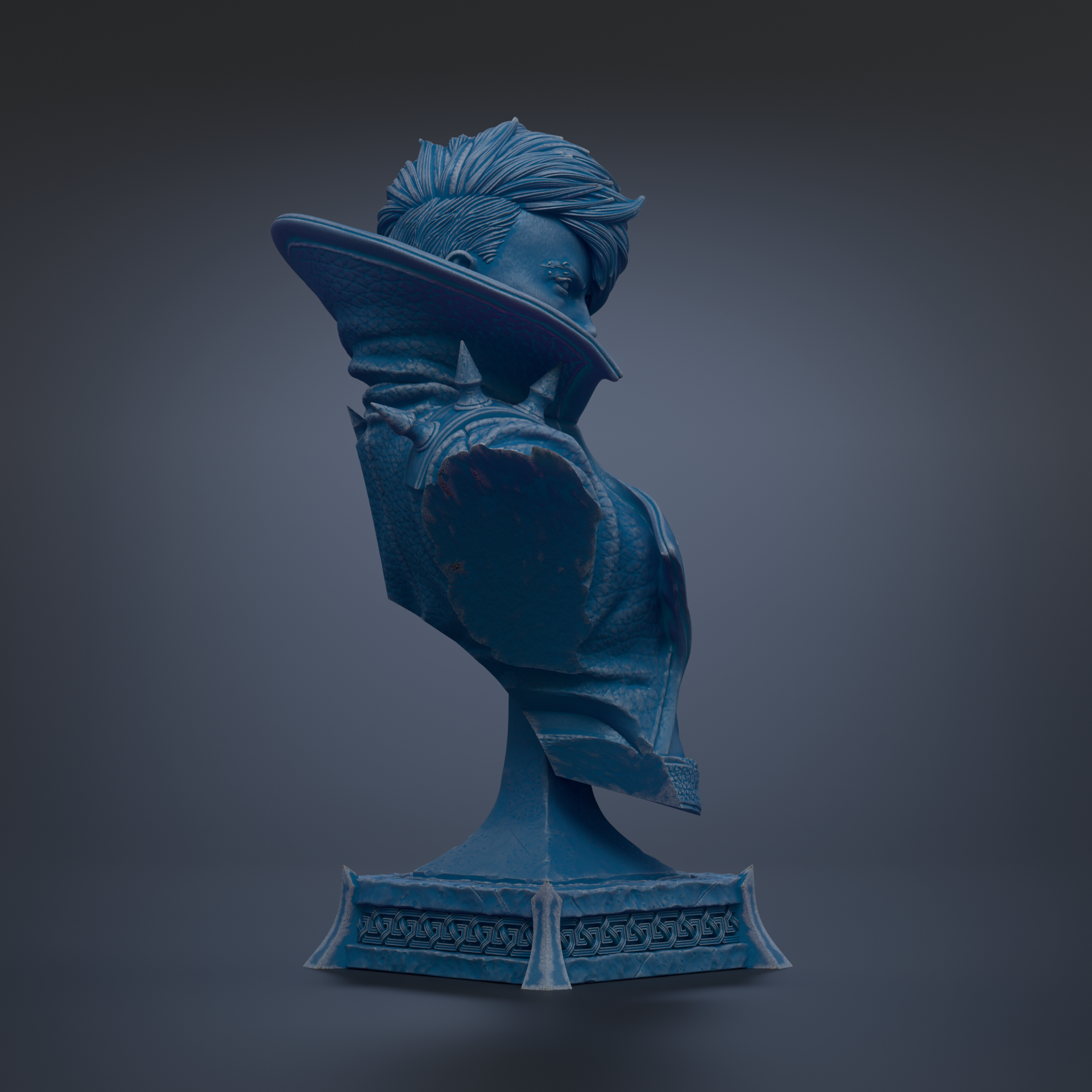A blue bust sculpture of a person with a distinctive hairstyle and facial features, standing on a pedestal with an ornate base.