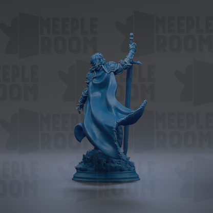 A blue statue of a person holding a sword and standing on a pedestal.
