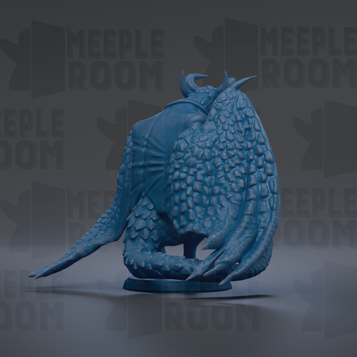 A blue dragon figurine is displayed against a dark background with repeated text.