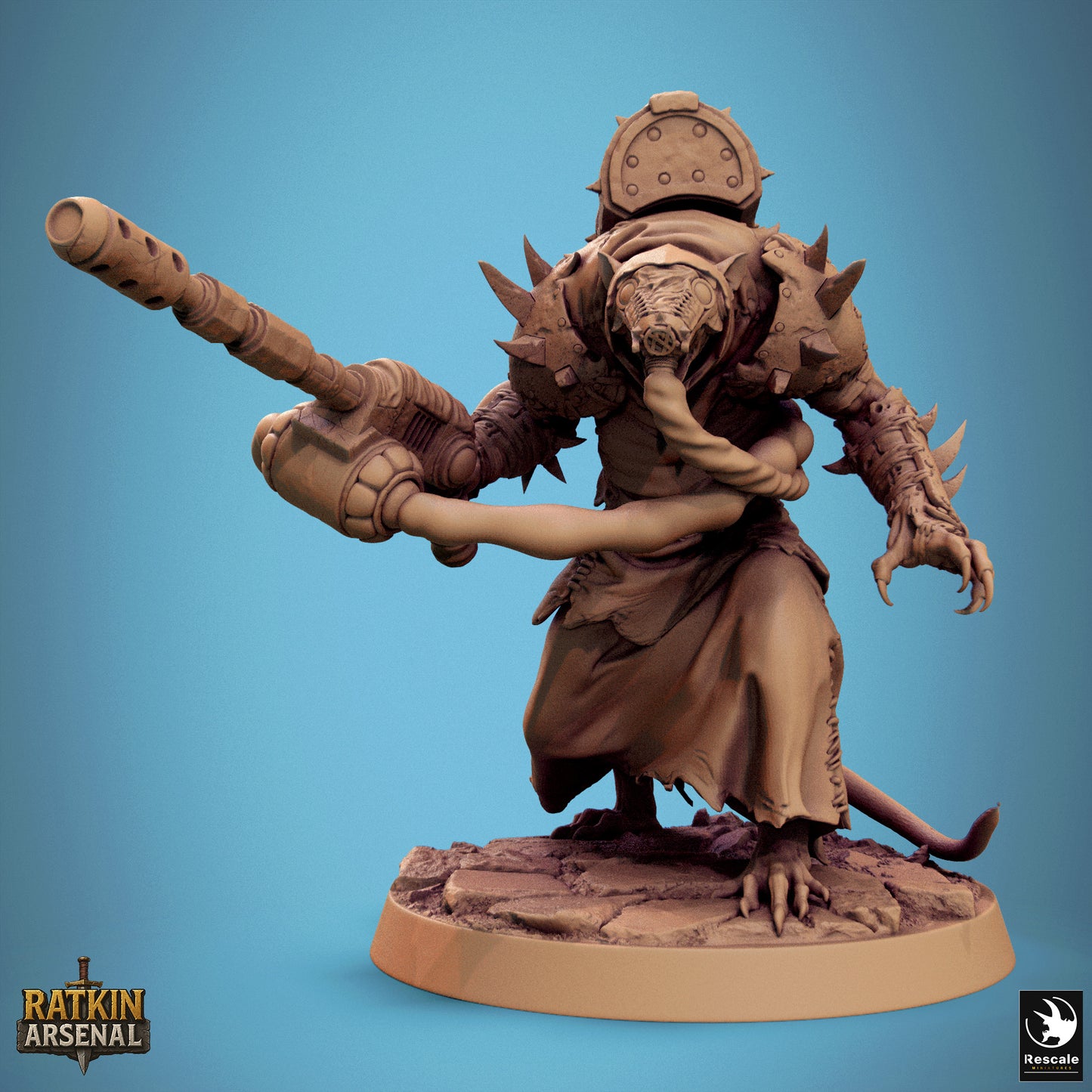 A detailed 3D model of a ratkin arsenal character, standing on a base and holding a large weapon.