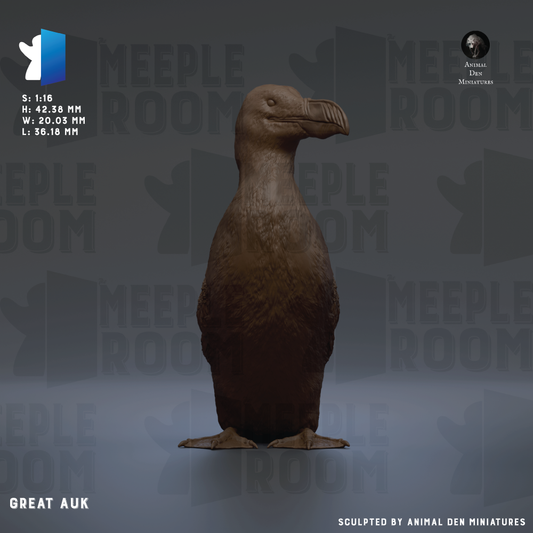 A 3D rendering of a Great auks, a type of sea bird, is shown against a dark background with repeated text and logos.