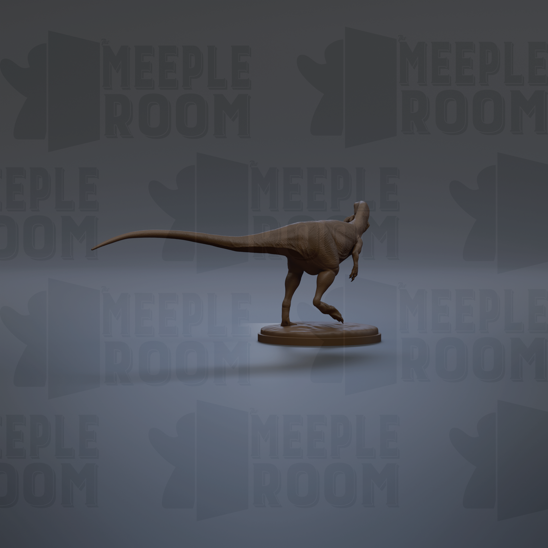 A 3D rendering of a dinosaur statue, likely a T-Rex, standing on a platform against a gray background with repeated "MEIPLE ROOM" text.