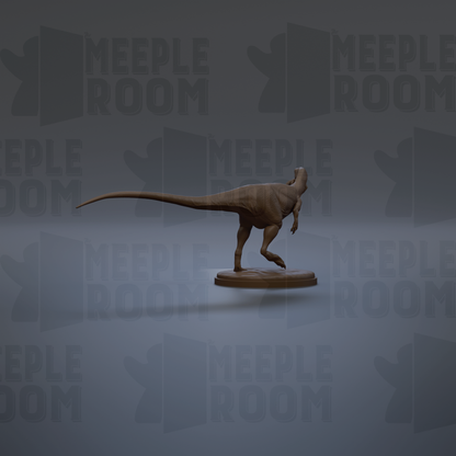 A 3D rendering of a dinosaur statue, likely a T-Rex, standing on a platform against a gray background with repeated "MEIPLE ROOM" text.