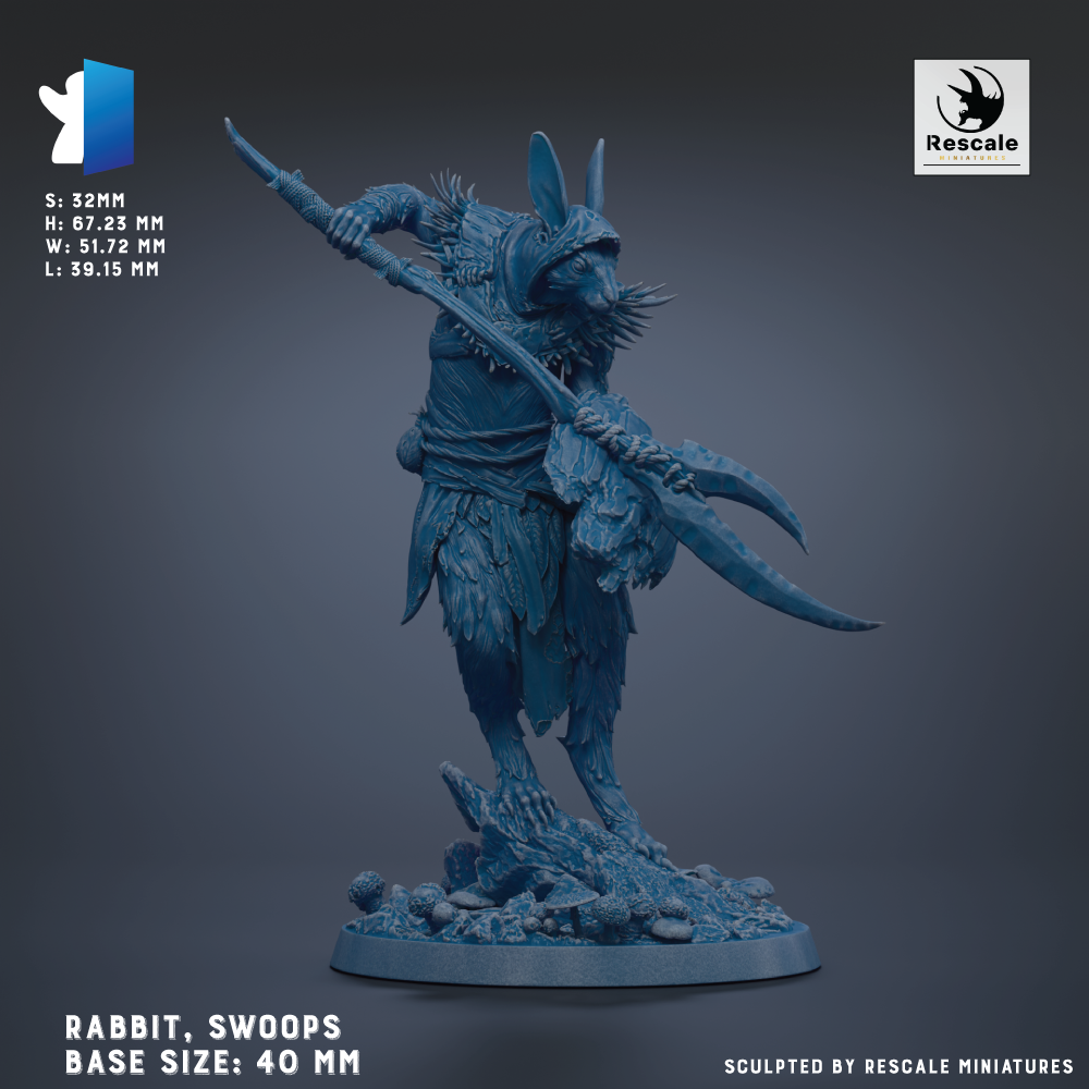a blue, sculpted figure of a rabbit wielding a sword, standing on a base. The figure is shown in a dynamic pose, with the sword held high and the rabbit's body angled towards the left side of the image. The base sizes are 40 mm, indicating the scale of the sculpture. The image is a collage of multiple images, and the phrase "Rescale miniatures" suggests that the sculpture is part of a larger collection of miniatures.