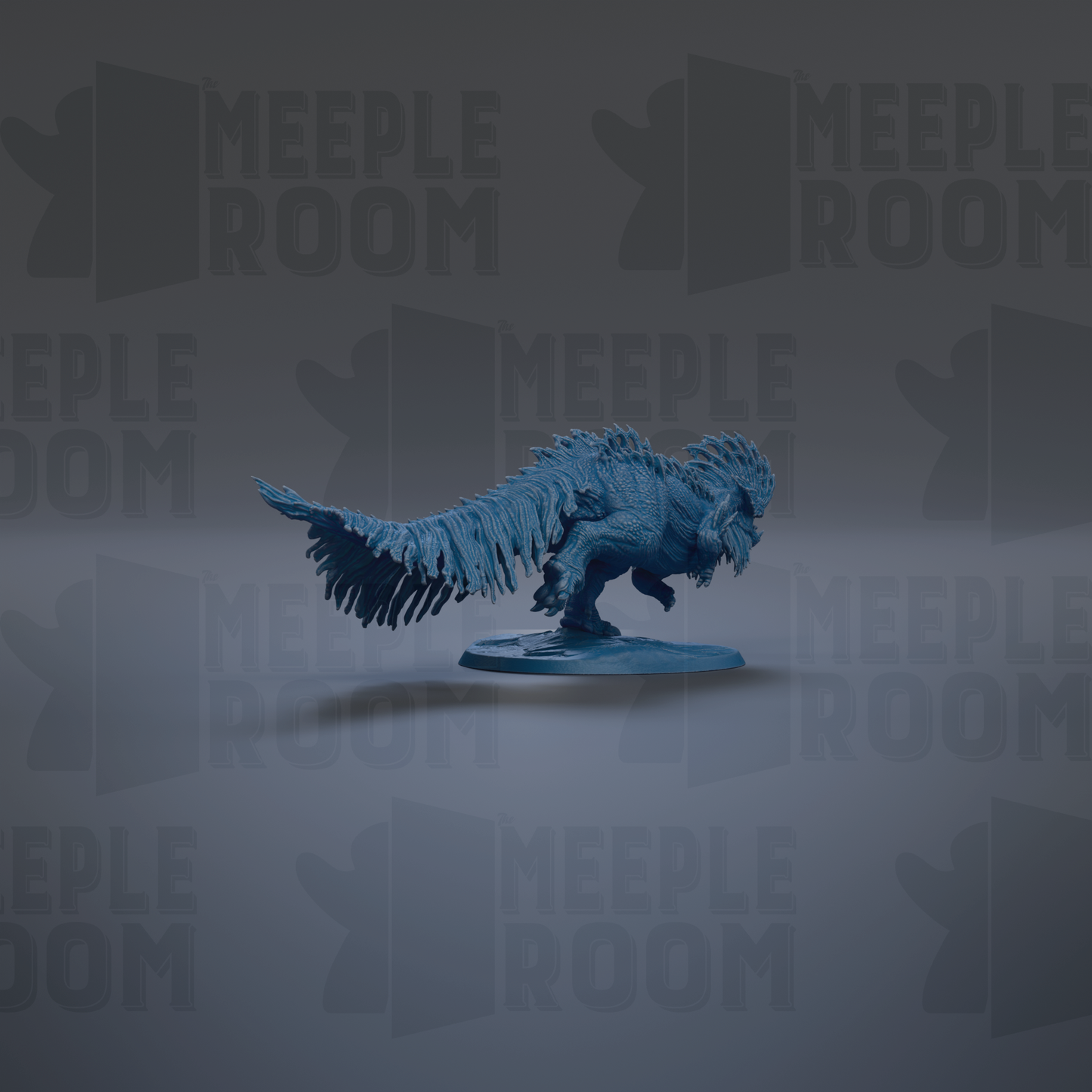 A blue, winged creature resembling a dragon or mythical creature is shown against a dark background with repeated text.