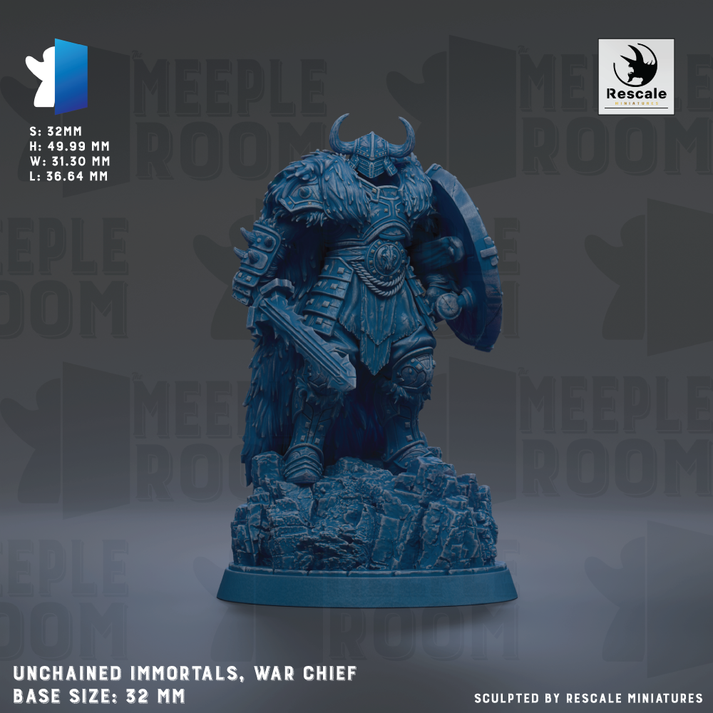 a blue figurine of a war chief, a warrior figure, standing on a rocky base. The figurine is wearing a helmet and armor, and it is holding a shield and sword. The figurine is set against a dark background with the text "MEUPLE ROOM" repeated multiple times. The base size of the figurine is 32mm.