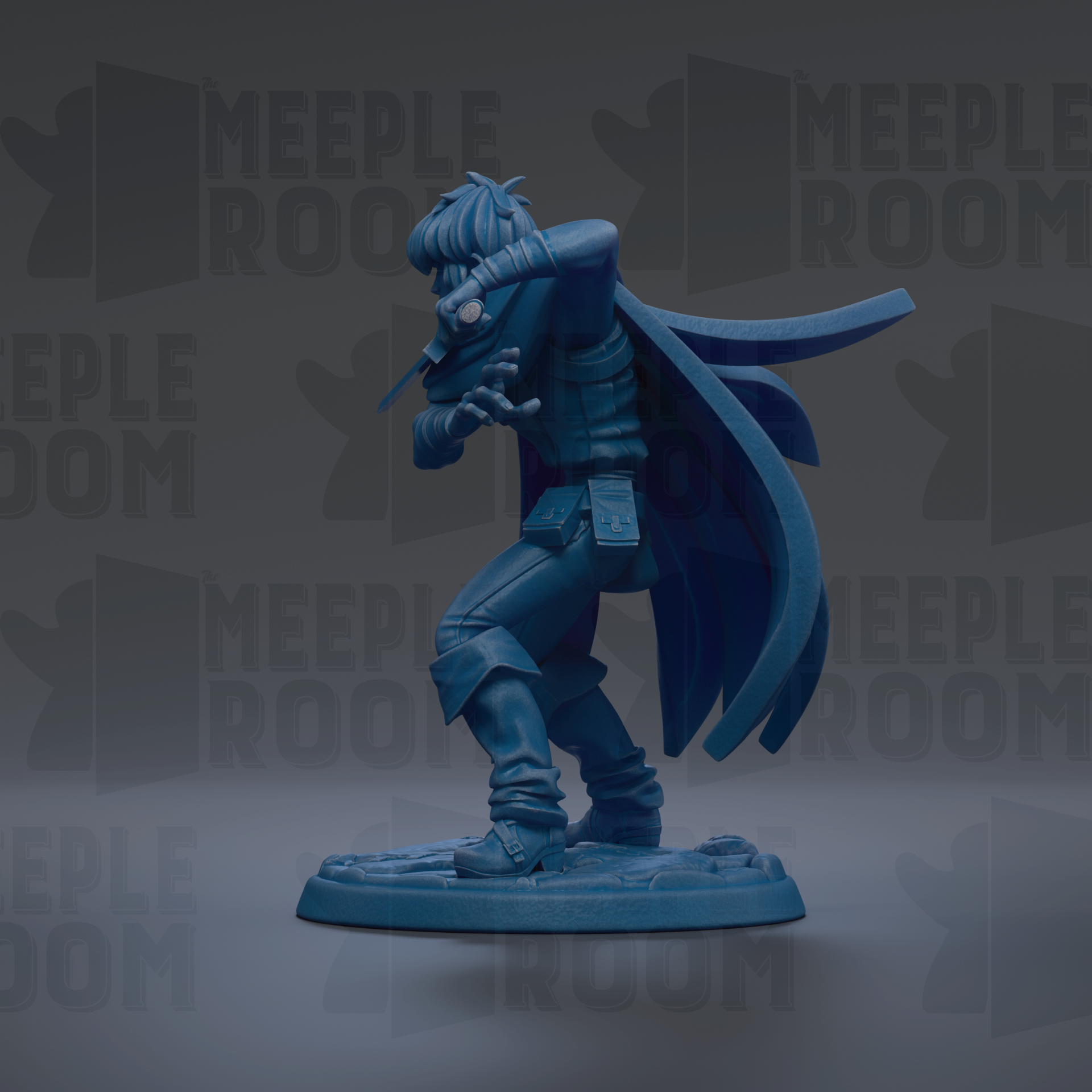 A blue figurine of a person with a cape and a sword, standing on a base.