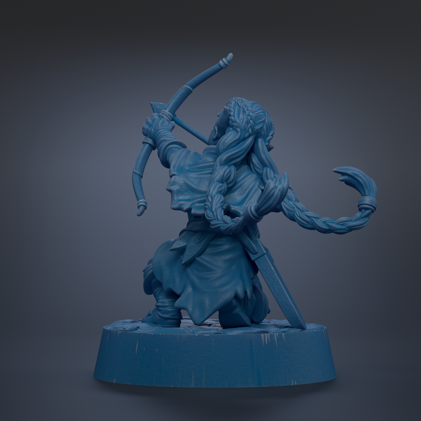 A blue figurine of a warrior figure holding a bow and arrow, standing on a pedestal.