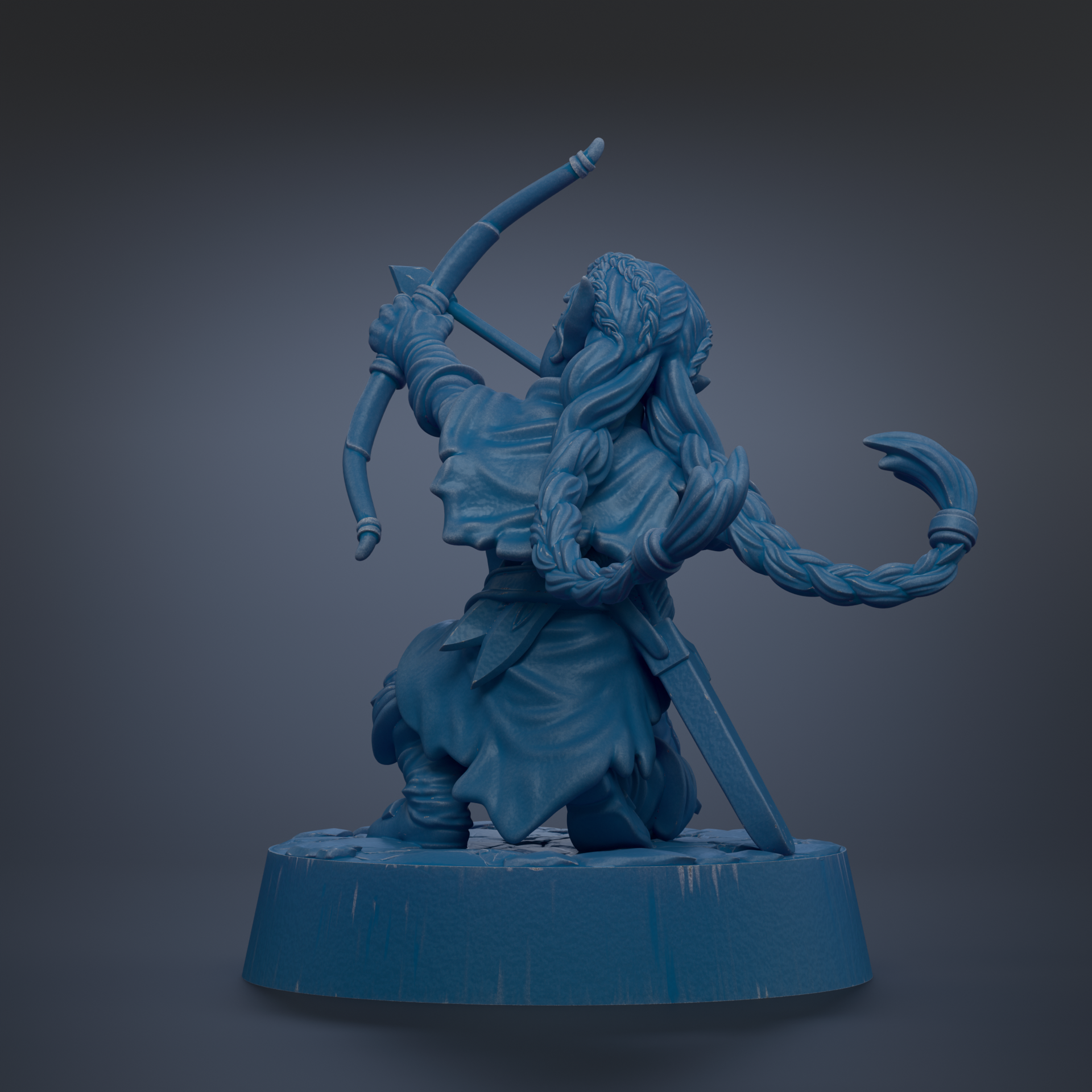 A blue figurine of a warrior figure holding a bow and arrow, standing on a pedestal.