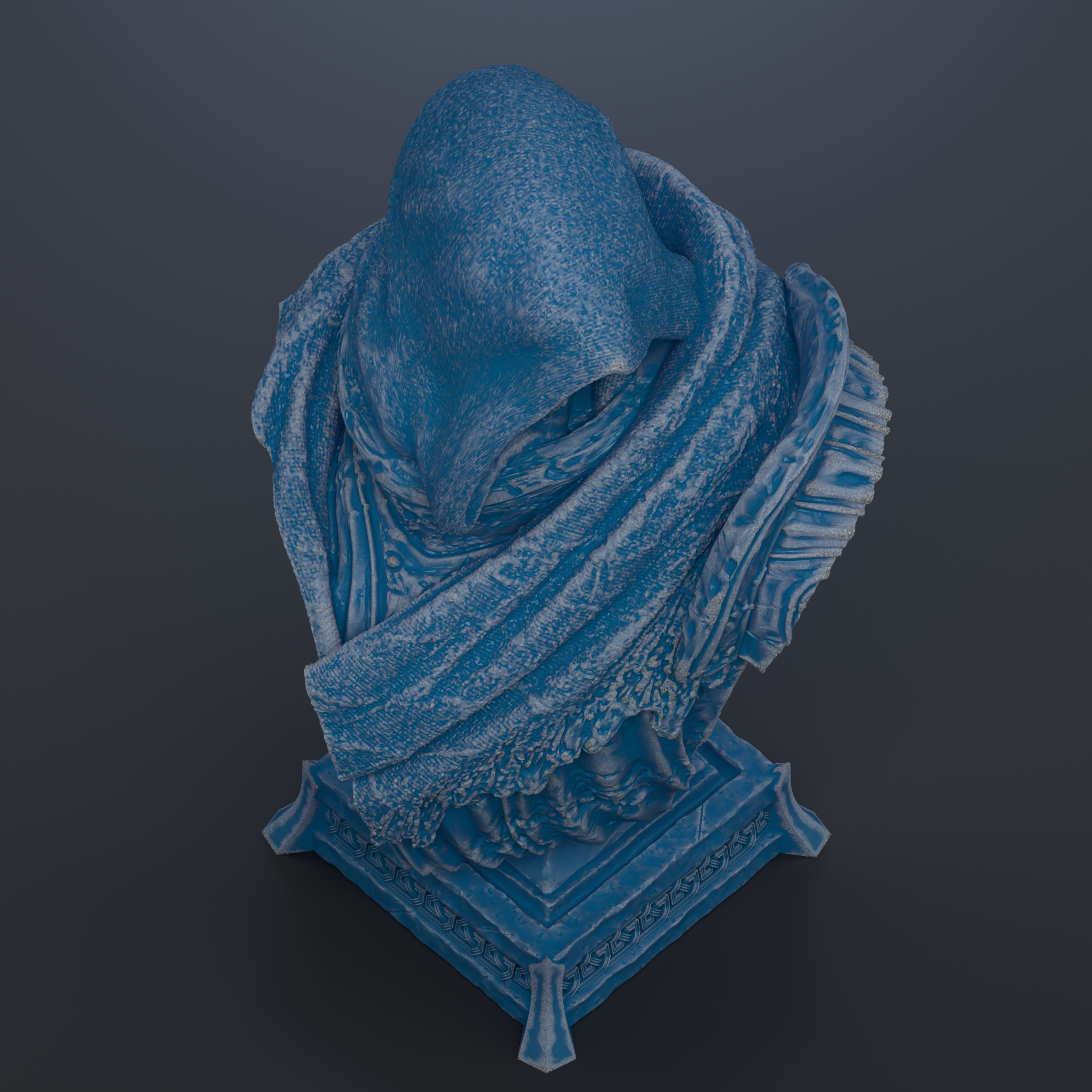 A blue, textured bust sculpture is displayed on a blue pedestal against a dark background.