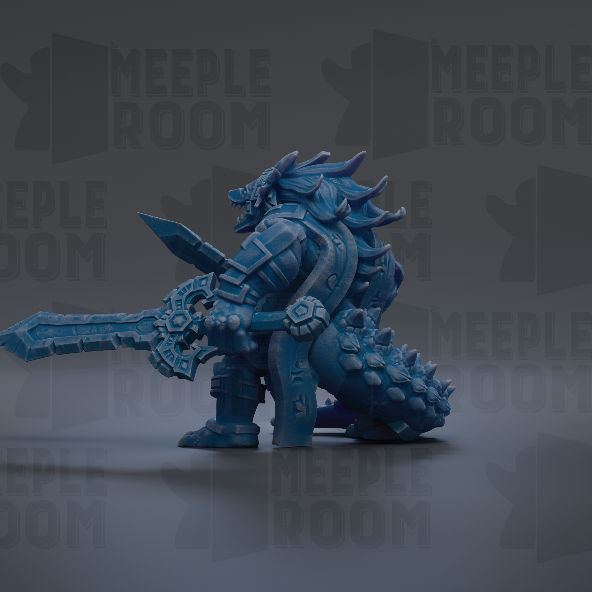 A blue, armored fantasy creature with a large sword and a dragon-like head stands in the center of the image against a dark background.