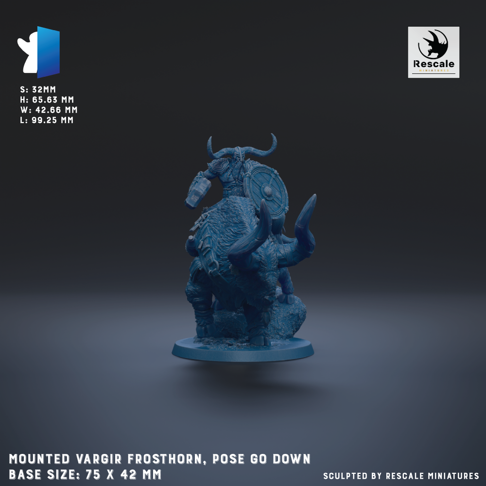 The image is a 3D rendering of a mounted Vargir Frosthorn, a fantasy creature with horns and a shield, posed in a crouched position. The base size of the figurine is 75 x 42 mm.